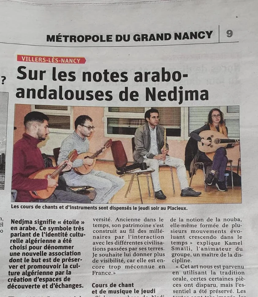 Newspaper clipping of Melissa playing oud with Nedjma